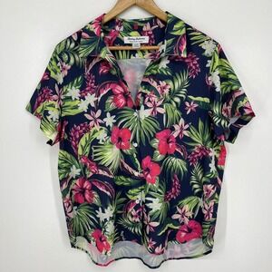 Tommy Bahama Womens Tropical Floral Hibiscus Button Up Shirt Navy Pink Large